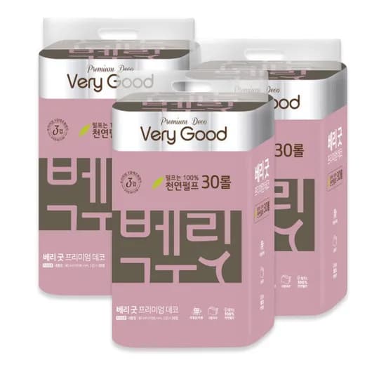 베리굿 프리미엄 데코 천연펄프 30m 30롤 3팩 총90롤 (28,900원/무배)