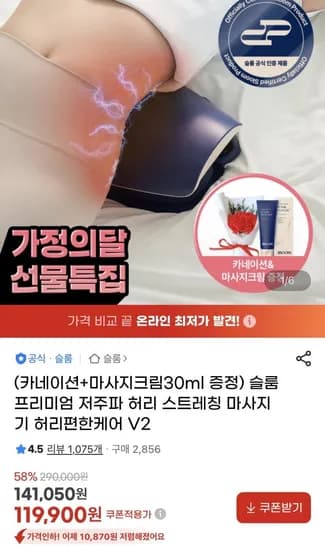 슬룸 프리미엄 저주파 허리 스트레칭 마사지기 (119,900원/무료)