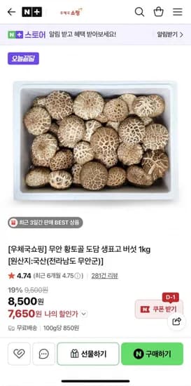 무안 황토골 도담 생표고 버섯 1kg (7,650원/무배)