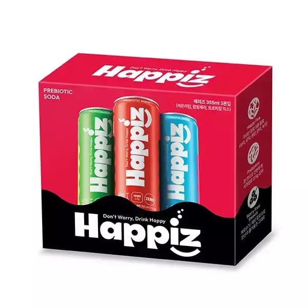 해피즈 프로바이오틱스 제로 탄산 355ml 3캔 체험팩 레몬라임/팝핑체리/트로피칼믹스 (2,850원/무료)