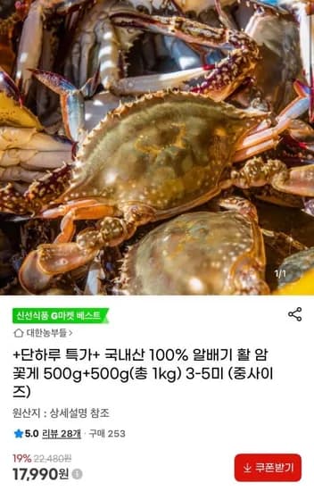 국내산 100% 알배기 활 암꽃게 500g+500g(총 1kg) 3-5미 (중 사이즈) (17,990원/무배)