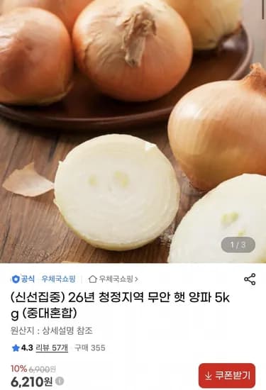 26년 무안 햇양파 5kg (6,210원/무료)