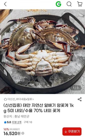 태안 자연산 알배기 암꽃게 1kg 5미 내외 (16,520원/무료)