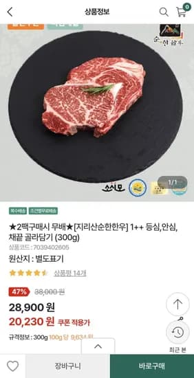 지리산순한한우 1++등급 한우 등심 300g (20,230원~/3,000원)