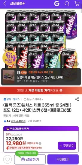 웰치스 제로 55ml 24캔 외 다양 포도+샤인머스켓+애플망고 총 24캔