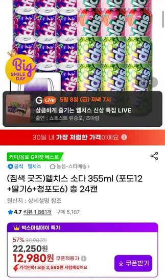 웰치스 소다 355ml 포도 외 다양 총 24캔
