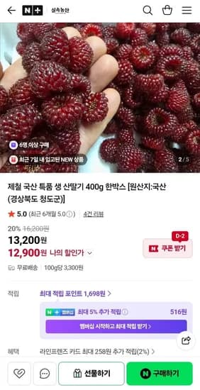 국산 특생 산딸기 400g 박스 외 다양 1박스