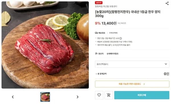 함평천지한우 국내산 1등급 한우 양지 300g