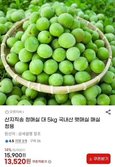 국내산 매실청용 햇매실 청매실 5kg (13,520원/무배)
