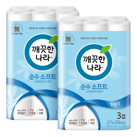 깨끗한나라 순수 프리미엄 화장지 27m 30롤 2팩