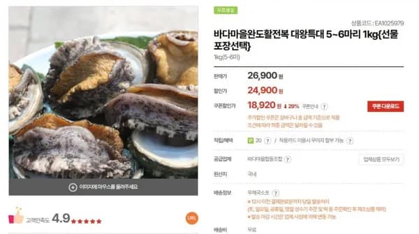완도 활전복 대왕특대 5~6마리 kg 1개