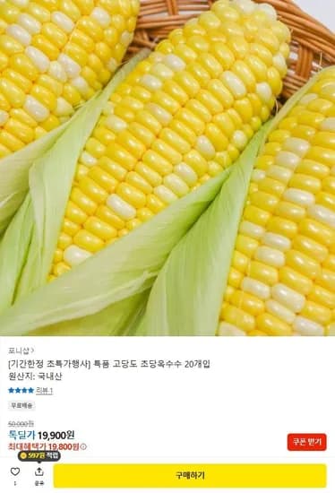 고당도 초당 옥수수 특품 20개입 (19,800원/무료)