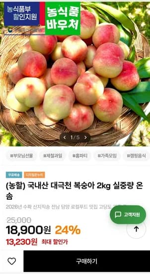 국내산 대극천 복숭아 2kg 실중량 온솜 (13,230원/무배)