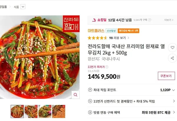 국내산 프리미엄 원재료 열무김치 2kg