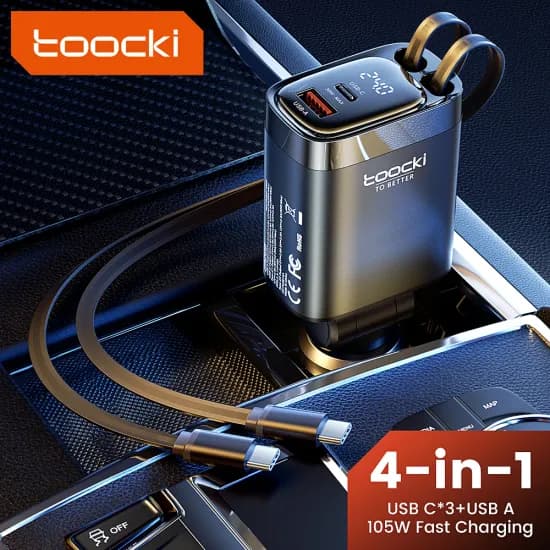 toocki 4 in 1 접이식 105W 듀얼 USB C 차량용 충전기