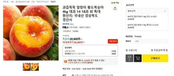 말랑이 황도복숭아 4kg 대과 (20,290원 / 무료배송)