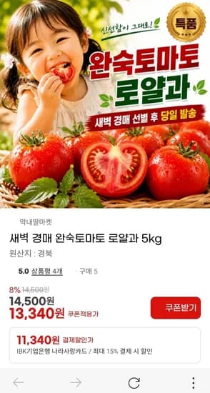 새벽 경매 특품 완숙 토마토 핫딜5kg (13,30/무배)4