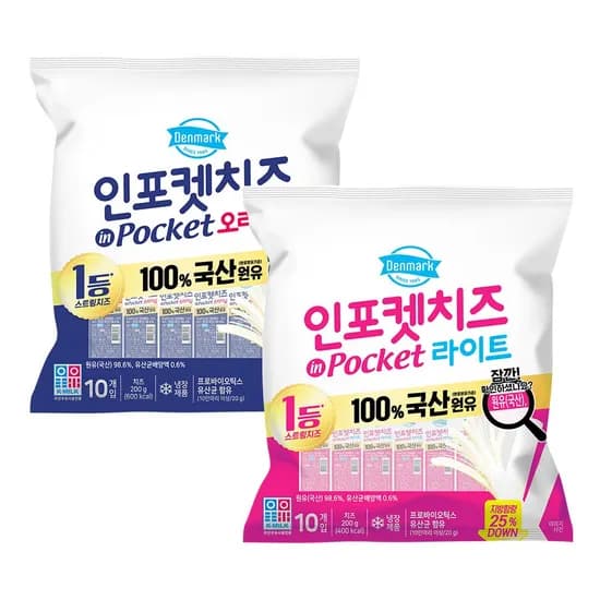 동원 덴마크 인포켓치즈 오리지널/라이트 2종 20g 30개 (17,704원/무료)