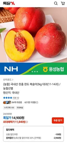 국내산 천홍 천도 복숭아 2kg 대과(11-14과) / 농협선별 (11,840원/무료)