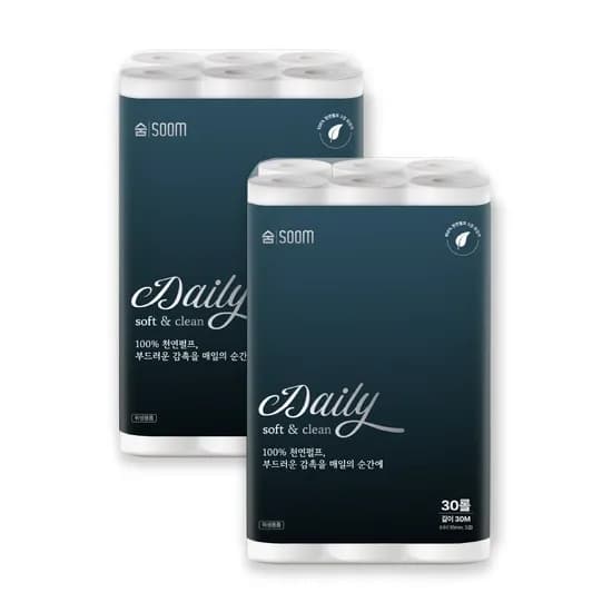 숨 데일리 화장지 천연펄프 3겹 30m 30롤 2팩 (11,900원/무료)