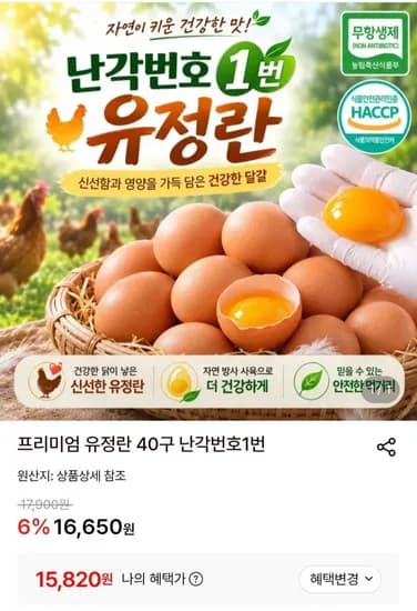 프리미엄 유정란 40구 난각번호 번 (15,820원/무배)1