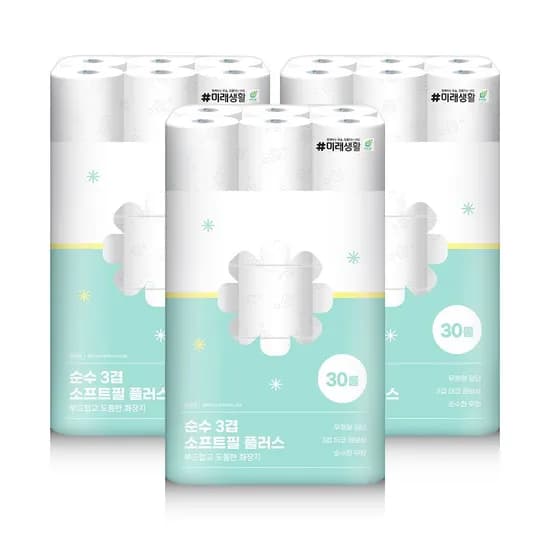 순수3겹 소프트필플러스 화장지 25m 30롤 x 3팩 90롤 (26,265원/무료)