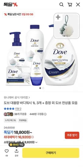 도브 대용량 바디워시 1L 3개+샤워볼 (16,90원/무료)2