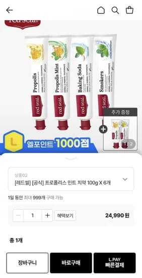 레드씰 프로폴리스 민트치약 100g 6개+증정 (24,990원/무료)