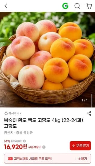 복숭아 황도 백도 고당도 4kg (22-24과) (16,920원/무배)