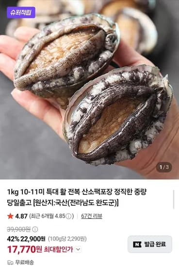 국내산 활전복 1kg 10~11미 (17,770원/무료배송)