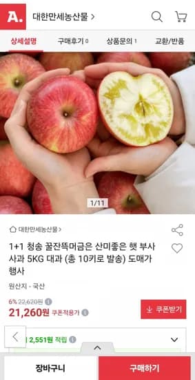 청송 햇 부사 사과 5kg 대과 1+1 (1,260원/무료배송)2
