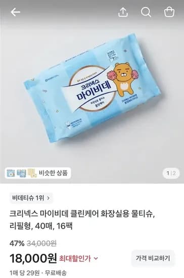 크리넥스 마이비데 클린케어 화장실용 물티슈, 리필형, 40매, 16팩 (18,000/무료)