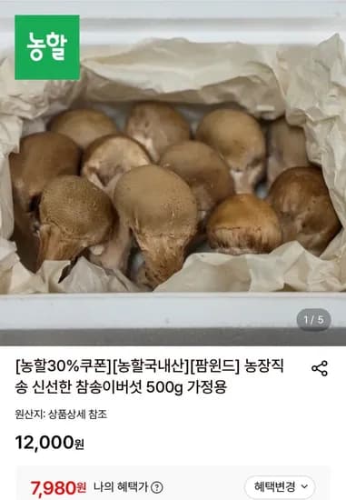 가정용 참송이버섯 500g (7,980원/무료)
