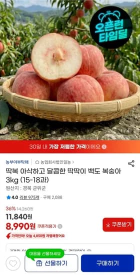 딱딱이 백도 복숭아 3kg (15-18과) (8,990원/무료)