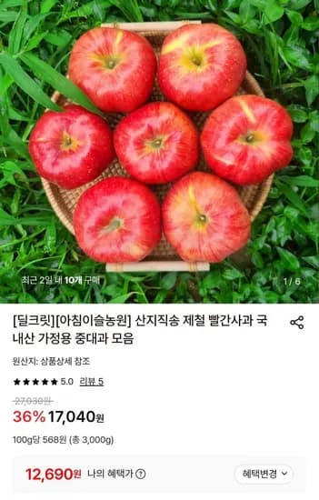 국내산 빨간사과 3kg 중대과 5-14과 내외
