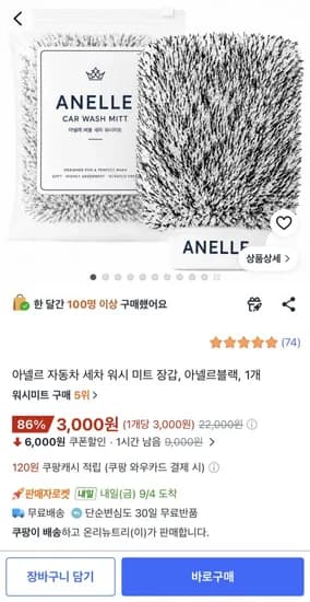 자동차 세차 워시 미트 장갑 3,000원