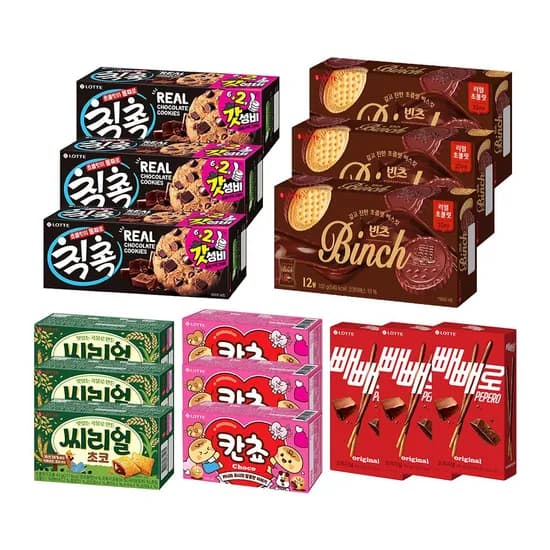 롯데 빈츠3+씨리얼3+칙촉3+칸쵸3+빼빼로3 (19,596원/무료)