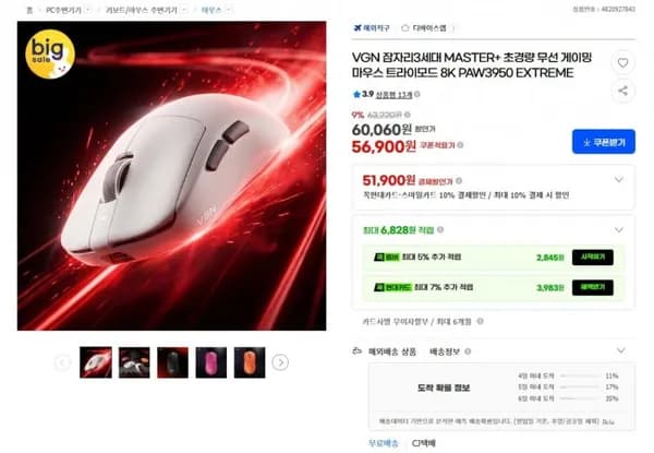 VGN 잠자리 3세대 MASTER+ 게이밍 마우스 8K PAW3950 EXTREME