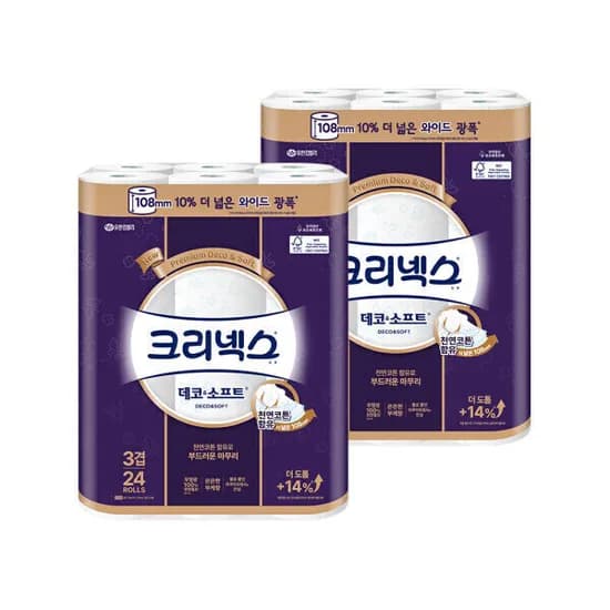크리넥스 3겹 데코앤소프트 와이드 33m 24롤 2팩 휴지