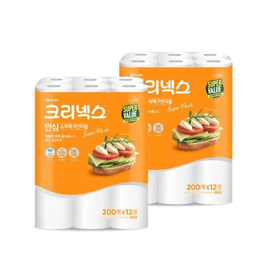 크리넥스 안심 키친타월 슈퍼팩 200매 12롤 2팩