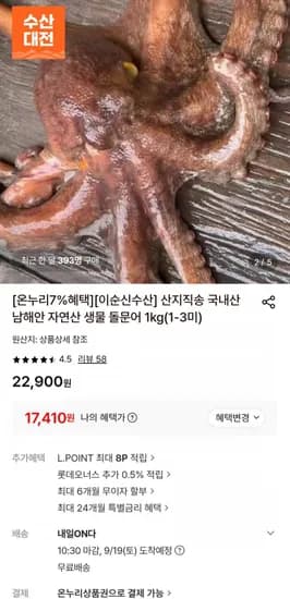 남해 자연산 생물 돌문어 1kg 1-3미