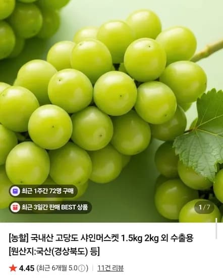16브릭스 당도선별 특품 샤인머스켓 kg 2~4수