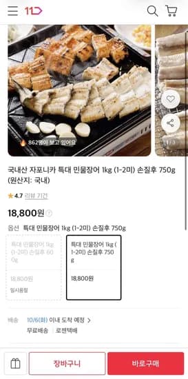 국내산 자포니카 특대 민물장어 1kg 1-2미 손질 후 750g