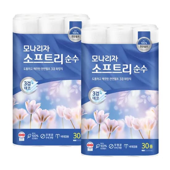 모나리자 천연펄프 소프트리 순수 3겹 화장지 30m 30롤 팩