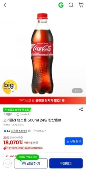 코카콜라 오리지널 업소용 500ml 2개