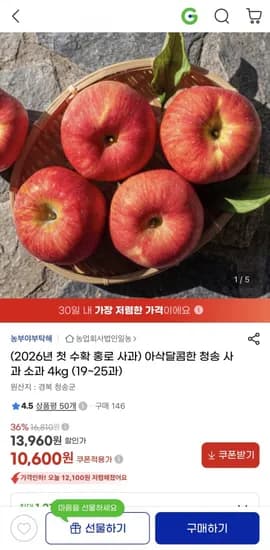 26년 첫수확 청송 홍로 사과 소과 4kg 19~25과