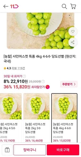 18브릭스 이상 샤인머스켓 특품 4kg 4-6수