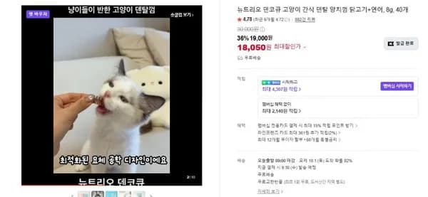 덴코큐 고양이 간식 덴탈 양치껌 닭고기 연어 8g 40개