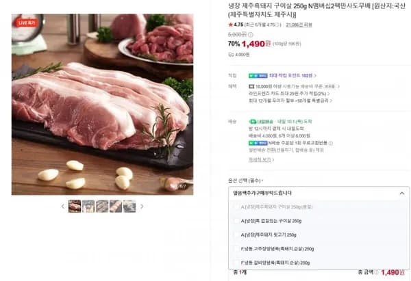 냉장 제주흑돼지 구이살 250g 2팩