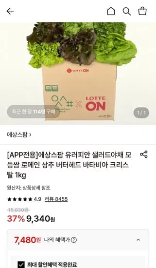 유러피안 샐러드야채 모듬쌈 1kg